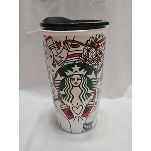 Starbucks 2017 Coffee‎ Mug 12 fl oz Holiday Doodle Art Ceramic Travel Tumbler